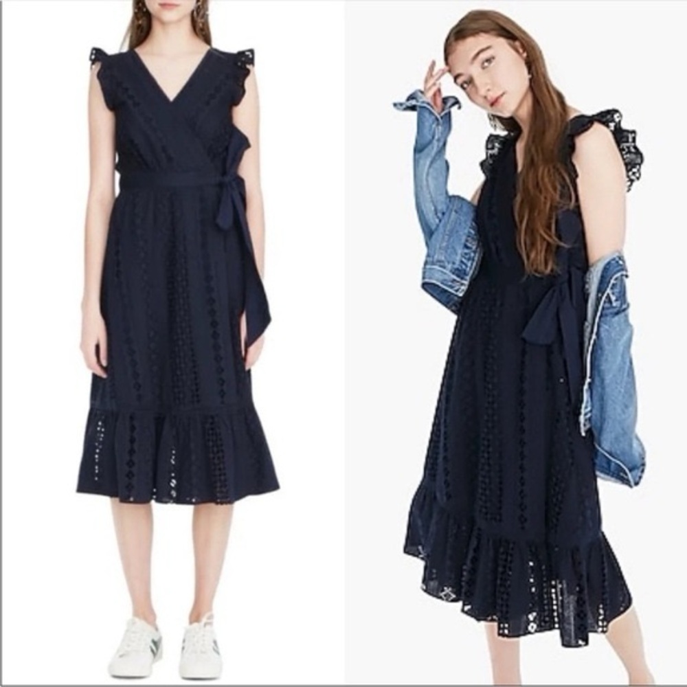 J Crew Dress - Allover Eyelet Wrap Midi Dress Navy - Size 4